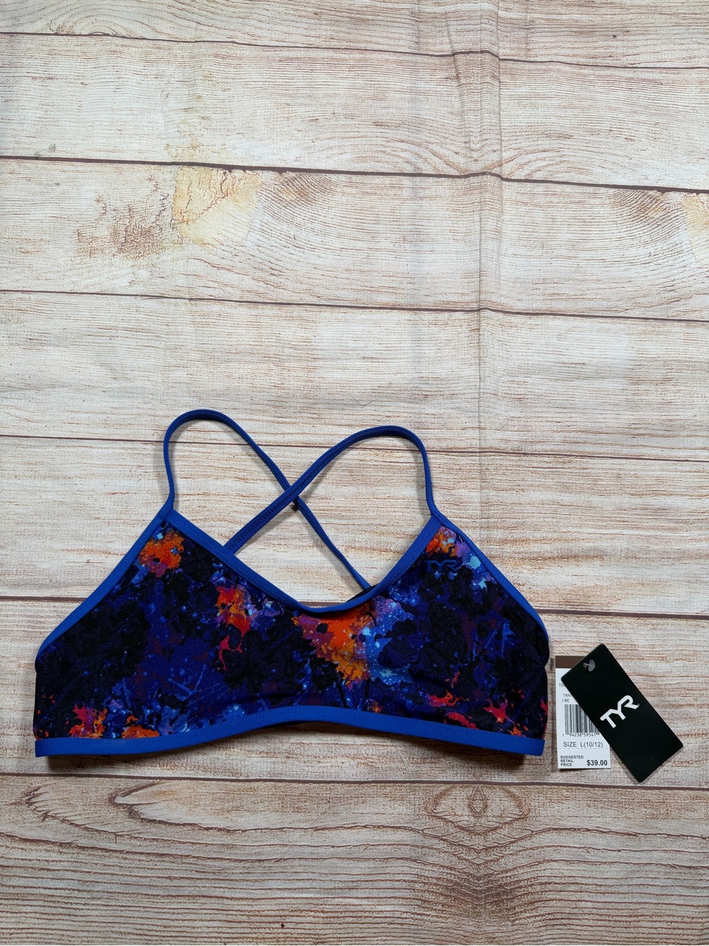 TYR Durafast Women's Blue Multi-Color Strappy Swim Top Sporty, Lap Swim, UPF 50+